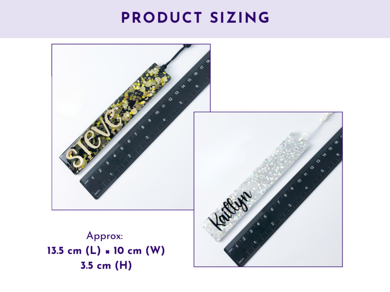 Product sizing collage showing two glitter pendant tags beside rulers to illustrate dimensions (approx 17.5 cm by 10 cm by 3.5 cm).