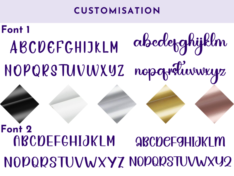 Header 'CUSTOMISATION' with two decorative font samples showing full Latin alphabet and color swatches in diamond shapes (Font 1).