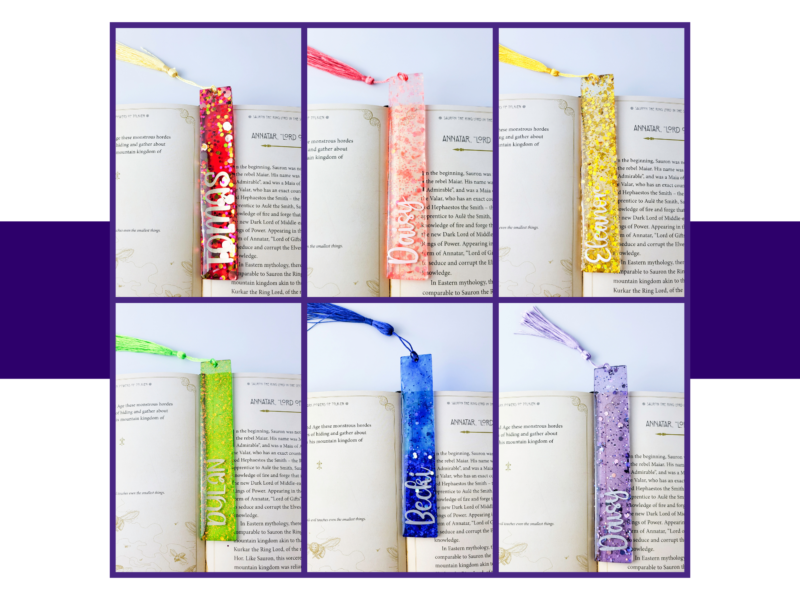 Grid of glittery bookmark tassels clipped to open book pages, framed by a purple border—colorful rows of tags.