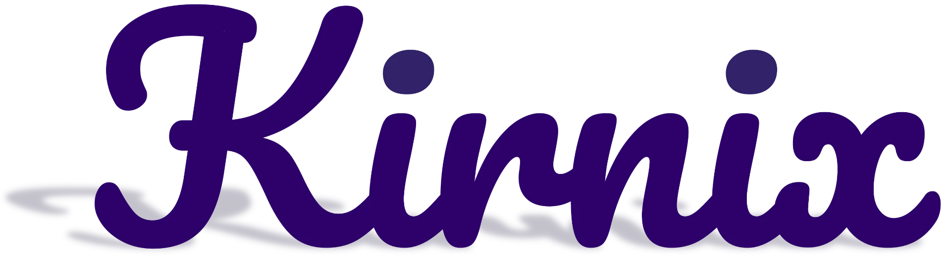 Kirnix logo in purple script with soft shadow, handmade resin brand wordmark from UK studio