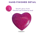 Graphic promoting hand-finished detail with a smooth, glossy finish and notes 'Checked and finished by hand' alongside pink glitter hearts.