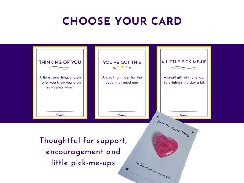 Three white gift cards with purple text on a dark purple background: 'Thinking of You', 'You've Got This', and 'A Little Pick-Me-Up' with yellow borders nearby.