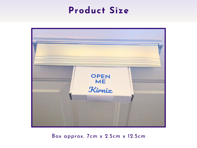 White cardboard box with an 'OPEN ME' label hanging from a doorway. (box size text visible below)