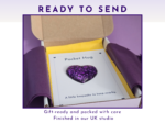 Ready to Send Pocket hug resin heart gift-ready in white box with purple tissue wrap and yellow band
