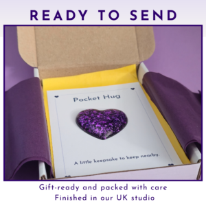 Ready to Send Pocket hug resin heart gift-ready in white box with purple tissue wrap and yellow band