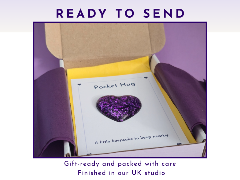 Ready to Send Pocket hug resin heart gift-ready in white box with purple tissue wrap and yellow band