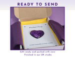 Ready to Send Pocket hug resin heart gift-ready in white box with purple tissue wrap and yellow band