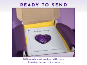 Ready to Send Pocket hug resin heart gift-ready in white box with purple tissue wrap and yellow band