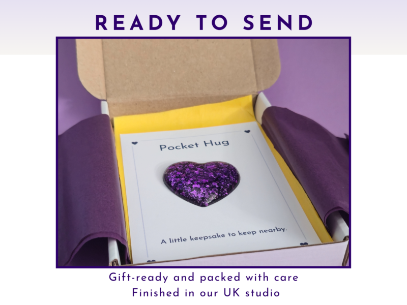 Ready to Send Pocket hug resin heart gift-ready in white box with purple tissue wrap and yellow band