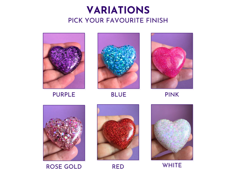 Variations Glitter resin pocket hug hearts available in six colours — Purple, Blue, Pink, Rose Gold, Red, White