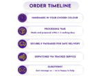 Order timeline infographic with purple icons and rounded bars: handmade in your chosen colour; processing time; securely packaged for safe delivery; dispatched via tracked service; questions?