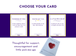 KNK-THANK YOU HUG-_055 Three sample greeting cards on a purple background, fronts reading “Thinking of You,” “You’ve Got This,” and “A Little Pick-Me-Up,” with yellow frames.