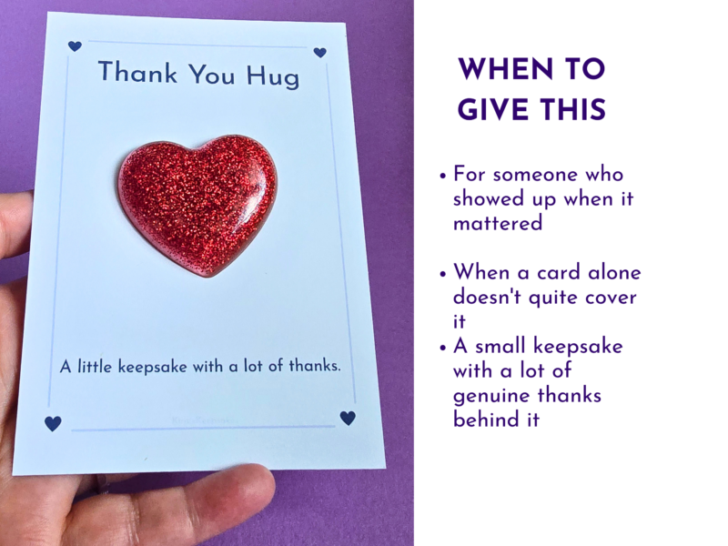 Light blue card featuring a glittery red heart and the words 'Thank You Hug' on a purple background, a small keepsake card idea.