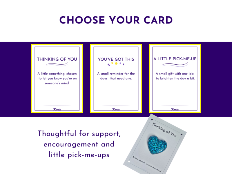 Row of three greeting cards with purple borders on a dark purple background, labeled 'Thinking of You', 'You've Got This', and 'A Little Pick-Me-Up'.