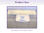White box with a sign reading 'OPEN ME' attached to it; surrounding page text notes product size (approx. 7 cm x 2.5 cm x 12.5 cm).