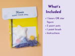 KNP-PYO-BEARS-mini_022. What’s included Product packaging with paint pots visible inside a clear bag; right panel shows a 'What’s Included' list on a lavender background.