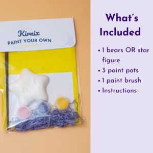 Product packaging with paint pots visible inside a clear bag; right panel shows a 'What’s Included' list on a lavender background.