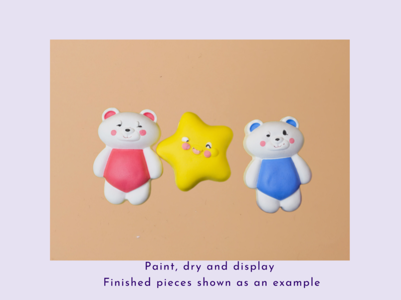 Three smiling clay figures—a pink-dressed bear, a yellow star, and a blue-dressed bear—on a peach background.