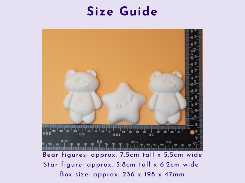 Size guide image showing white bear figures with a ruler on an orange background for scale reference.
