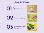 How It Works: Step 01 Open your kit — image of a craft kit with paints and shapes on the right side of the banner.