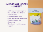 Infographic with 'IMPORTANT NOTES + SAFETY' and bullet safety points on the left, plus a 'Paint Your Own' art kit image on the right.