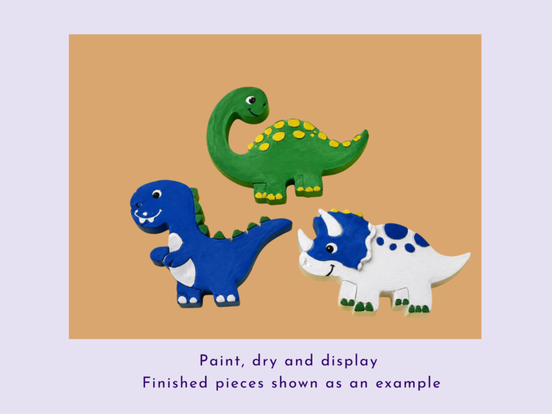 Clay dinosaur figures (green long-neck, blue tyrannosaurus, white triceratops) arranged on a peach display board, part of a finished-pieces example poster.