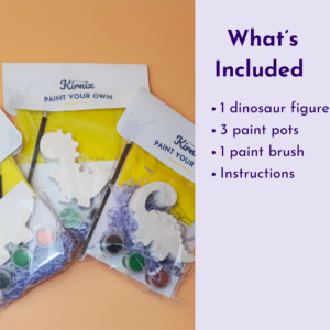 Split image: left shows a 'Paint Your Own' craft kit with paints and brushes; right lists contents: dinosaur figure, 3 paint pots, a paint brush, and instructions.