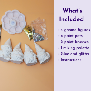 Left: paints, brushes, glitter bags and white unicorn figures on an orange surface; right: purple text list titled 'What’s Included'