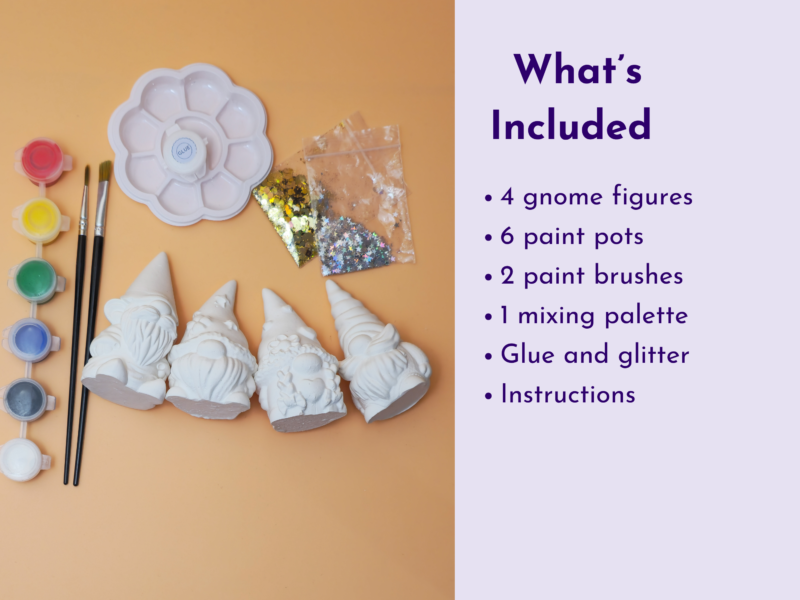 Left: paints, brushes, glitter bags and white unicorn figures on an orange surface; right: purple text list titled 'What’s Included'