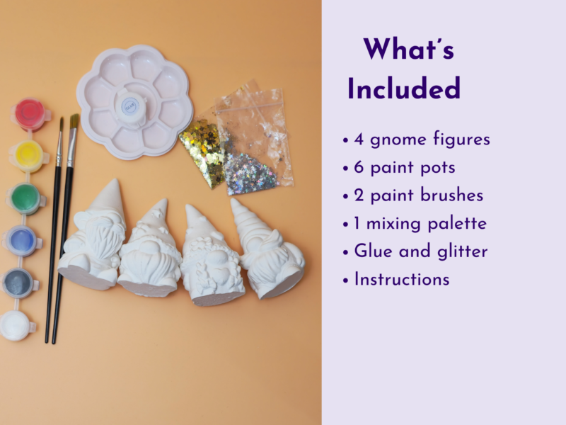 Left: paints, brushes, glitter bags and white unicorn figures on an orange surface; right: purple text list titled 'What’s Included'