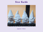 Row of white gnome figurines with a ruler for scale, on a pale lavender background, illustrating a size guide.