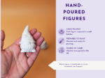 Close-up of a hand holding a small white handmade figure against an orange background, with a lavender panel showing 'HAND-POURED FIGURES' and related text.
