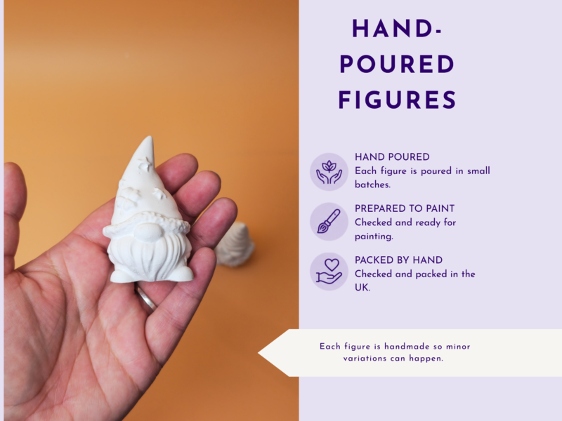 Close-up of a hand holding a small white handmade figure against an orange background, with a lavender panel showing 'HAND-POURED FIGURES' and related text.