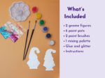 KNP-PYO-GNOMEs-0022. What’s included Left side shows craft supplies: a white paint palette, small paint pots, brushes, and glitter packets on an orange surface; right side features a lavender panel with a 'What’s Included' list of items.