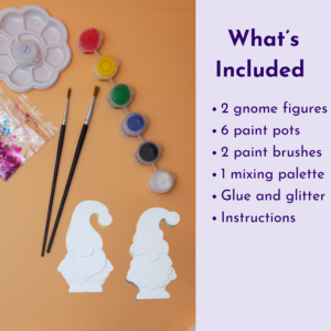 Left side shows craft supplies: a white paint palette, small paint pots, brushes, and glitter packets on an orange surface; right side features a lavender panel with a 'What’s Included' list of items.
