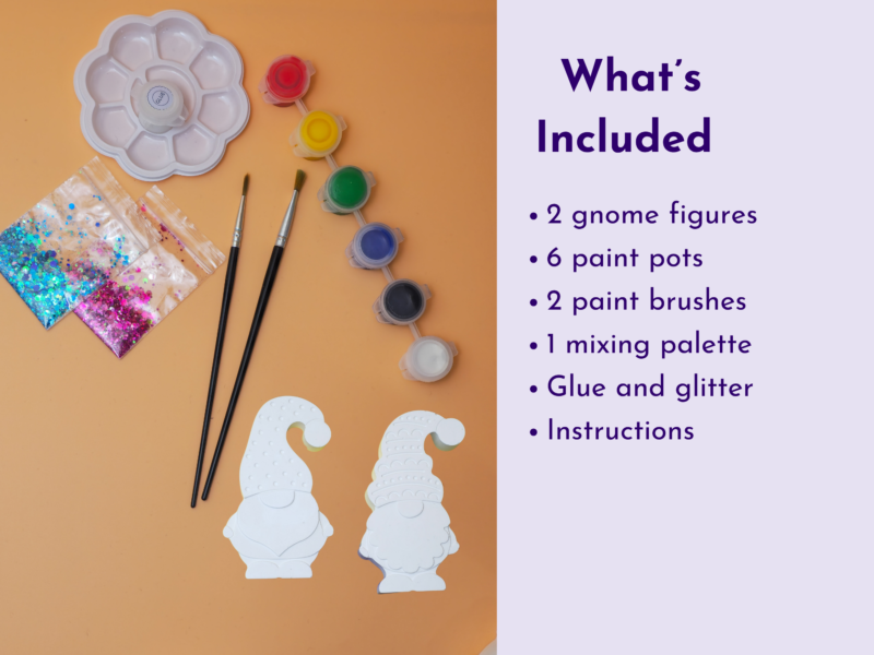 Left side shows craft supplies: a white paint palette, small paint pots, brushes, and glitter packets on an orange surface; right side features a lavender panel with a 'What’s Included' list of items.