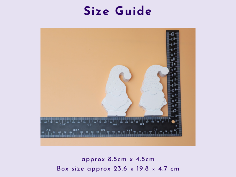 Size guide header with vertical and horizontal rulers beside two white elephant-shaped tools on an orange background, illustrating measurements. The page includes approximate dimensions: 8.5 cm by 4.5 cm and a box size around 23.6 by 19.8 by 4.7 cm.
