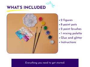 What’s included: Paint your own gnome kit contents with two gnome figures, eight paints, two brushes, palette, glitter, glue and instructions.