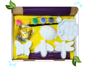 Boxed paint your own bug craft kit with butterfly, bee, dragonfly and ladybird figures, eight paints, brushes and palette