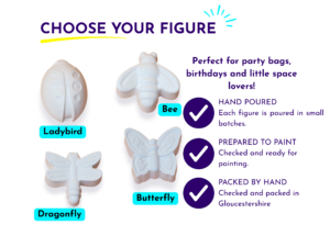Four paint your own bug figure choices: Butterfly, Bee, Dragonfly and Ladybird, each shown as a blank AquaCast figure.