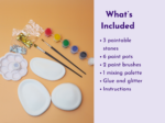 KNP-PYO-STONES-0022. What’s included Left-aligned craft supplies (paints, brushes, glitter) and blank palettes; right side shows a lavender panel with 'What’s Included' and bullet list text.