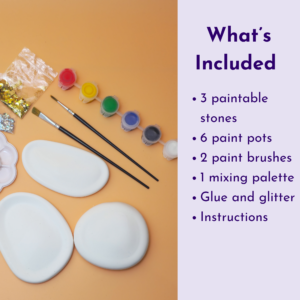 Left-aligned craft supplies (paints, brushes, glitter) and blank palettes; right side shows a lavender panel with 'What’s Included' and bullet list text.
