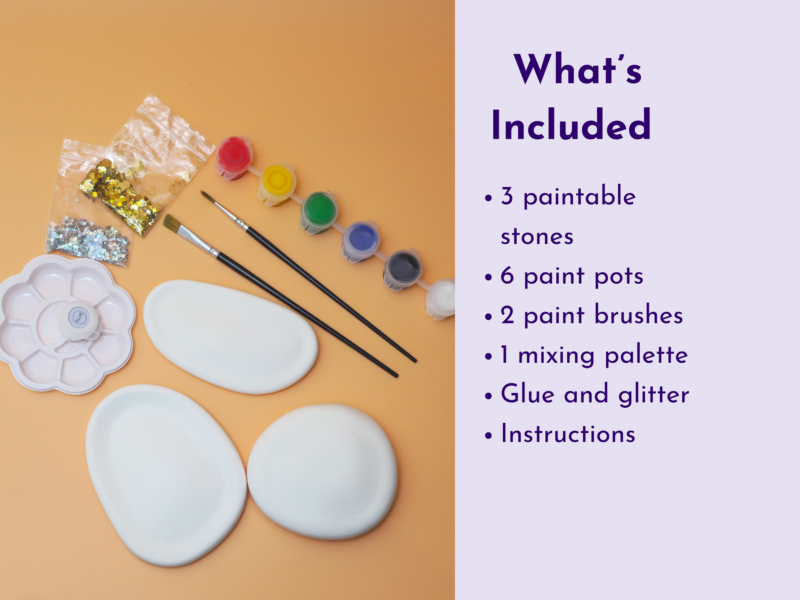 Left-aligned craft supplies (paints, brushes, glitter) and blank palettes; right side shows a lavender panel with 'What’s Included' and bullet list text.