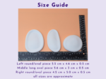 Size guide image showing a ruler beside three white oval ceramic pieces on a peach background