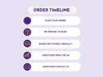 KNP-PYO-STONES-01010 Order timeline Illustrated order timeline on lavender background showing steps from 'ORDER TIMELINE' to 'QUESTIONS? CONTACT US' with purple icons on the left for each step.