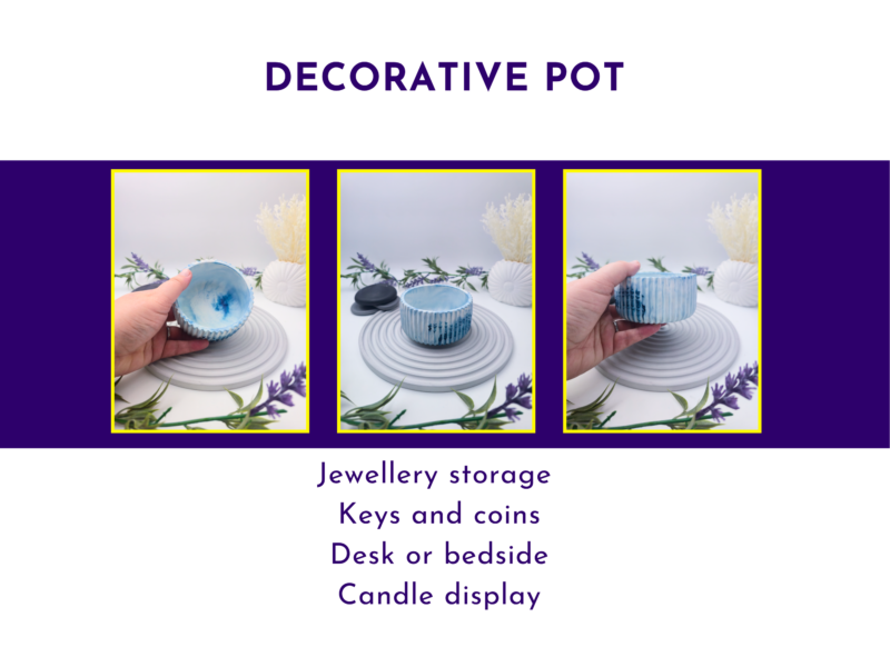 Use-case slide showing the decorative pot for jewellery storage, keys and coins, desk or bedside use, and candle display