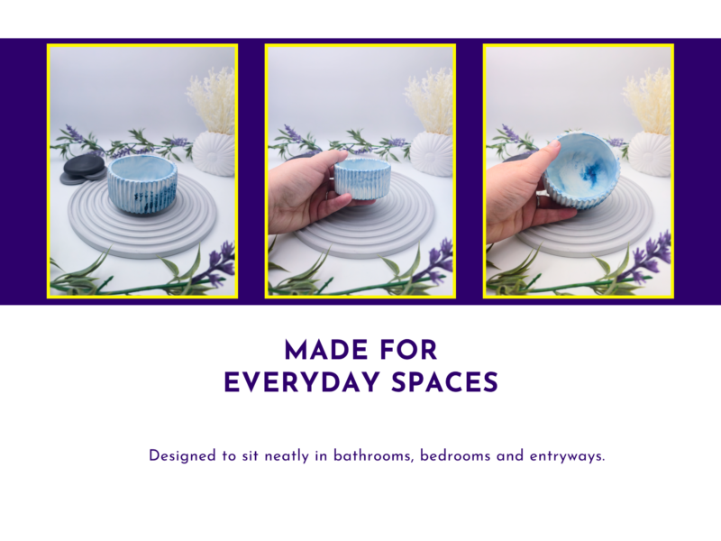 Lifestyle slide showing three views of the decorative pot as an everyday home accessory