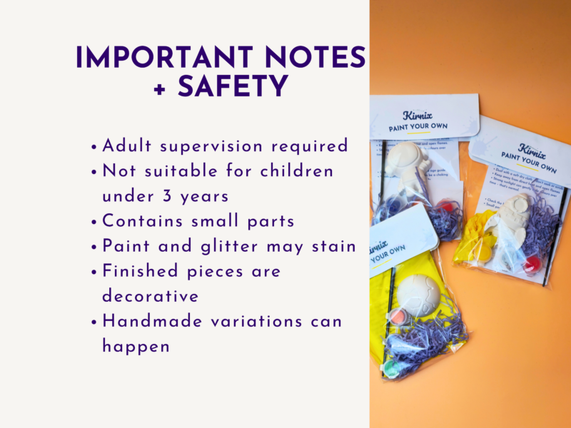Left panel lists 'Important Notes + Safety' with bulleted safety tips; right panel shows a paint-your-own craft kit on an orange background.