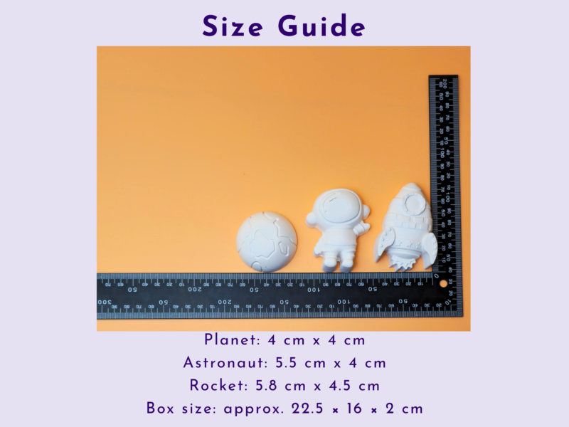 Size guide: orange background with a ruler beside white astronaut figurines for scale.