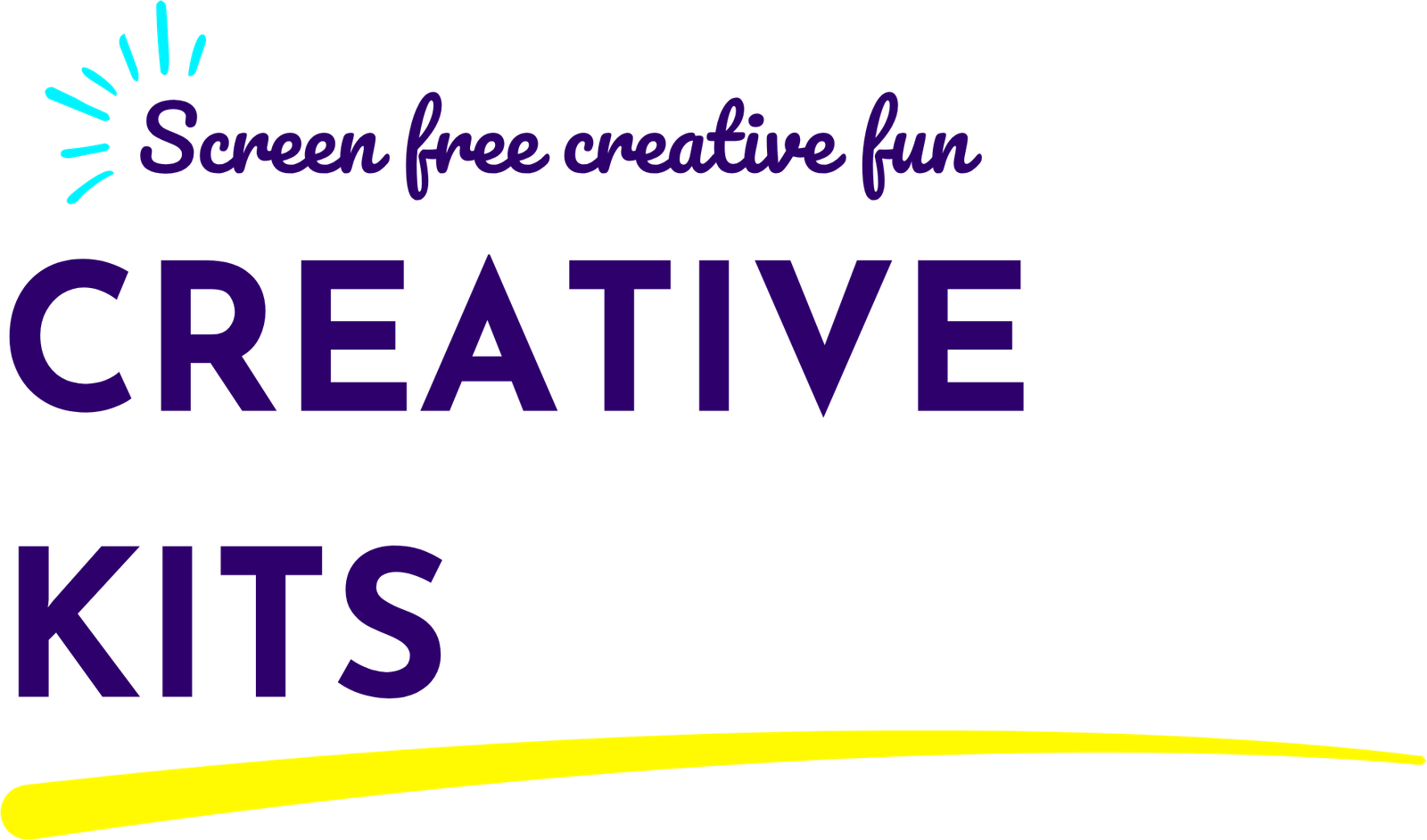 Logo for Screen free creative fun Creative Kits featuring a cyan burst icon and purple wordmark with a yellow curved swoosh.